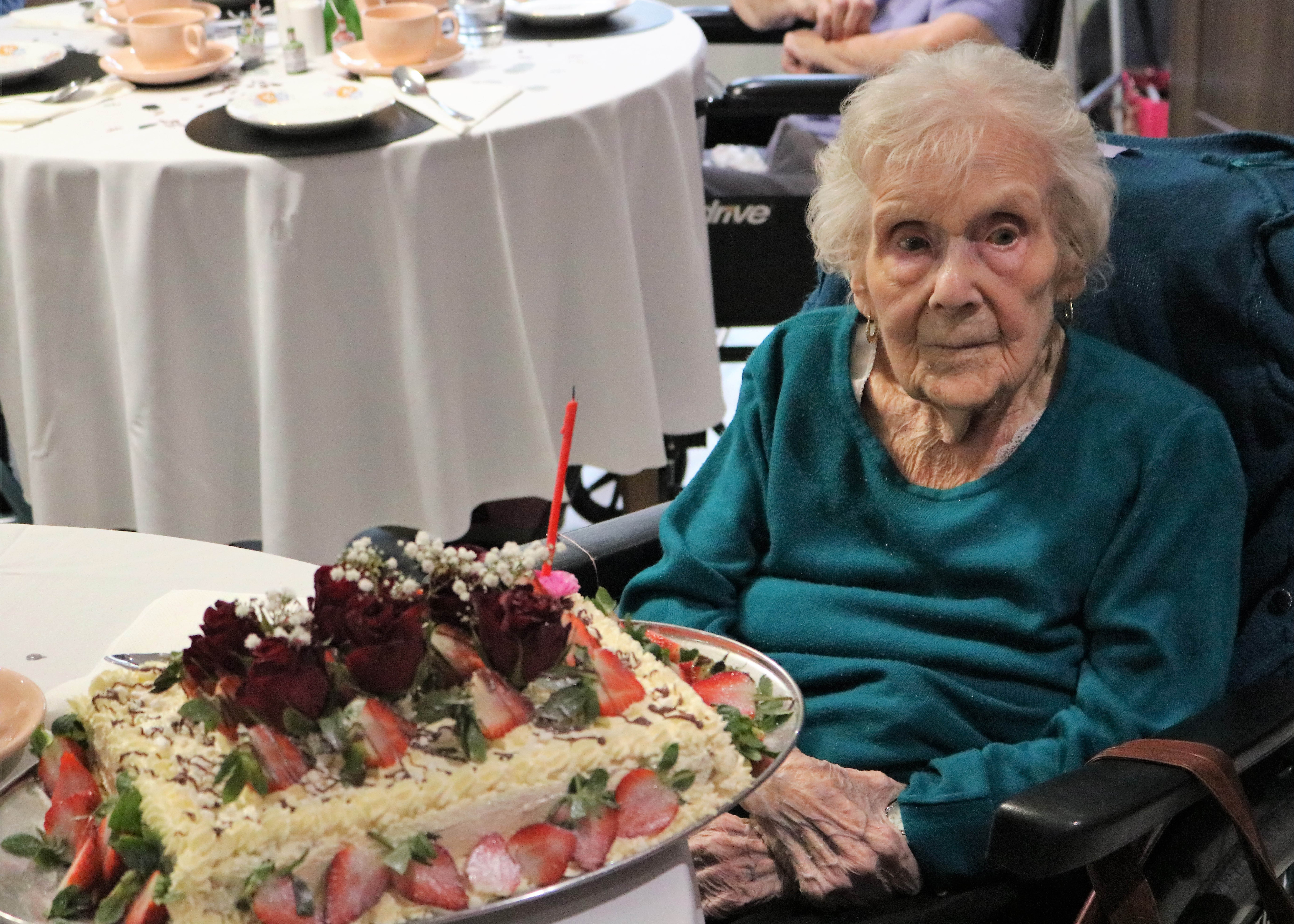 Winifred with her lovely birthday cake made by Caroline Tykot